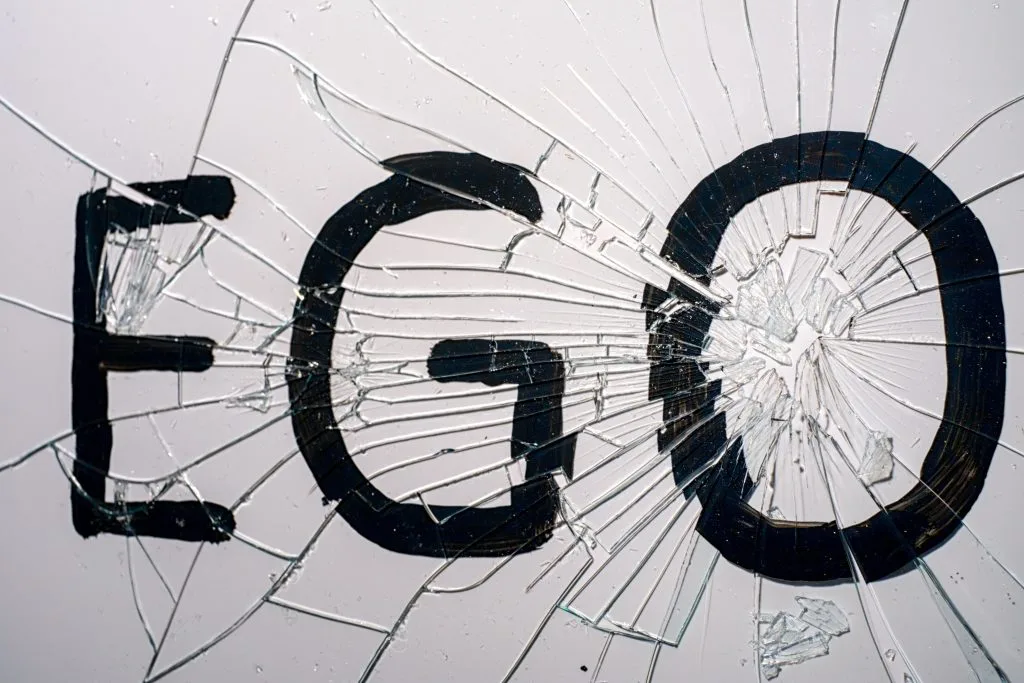 The word "EGO" is prominently displayed, fragmented by a spiderweb of cracks