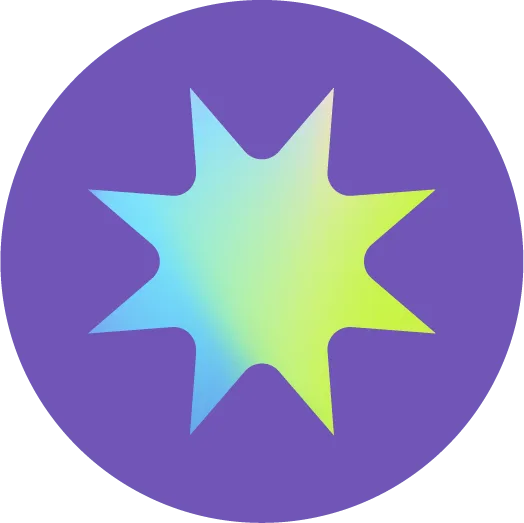 A multicolored starburst shape radiates on a solid purple background