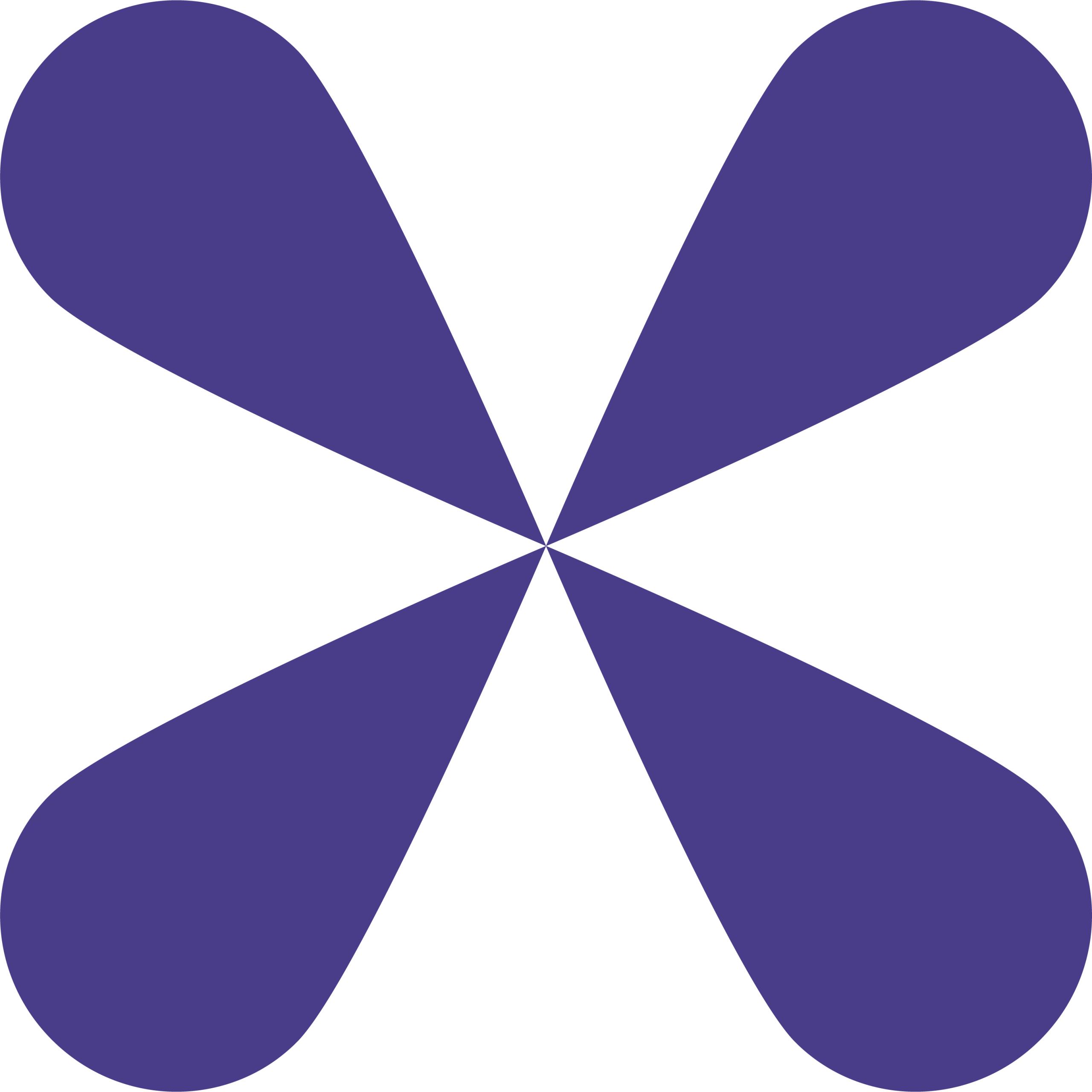 A symmetrical design features four elongated purple shapes radiating from a central point