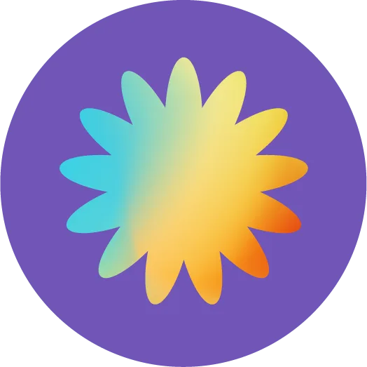 A colorful, gradient flower-like shape radiates from a purple background