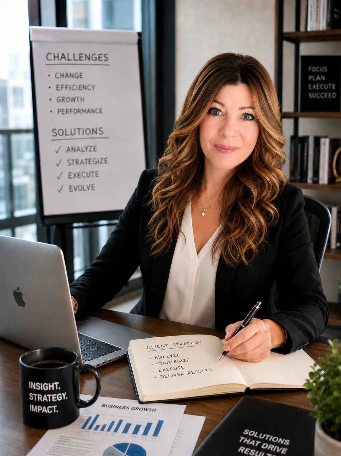A professional woman sits at a desk, reviewing notes and laptop charts